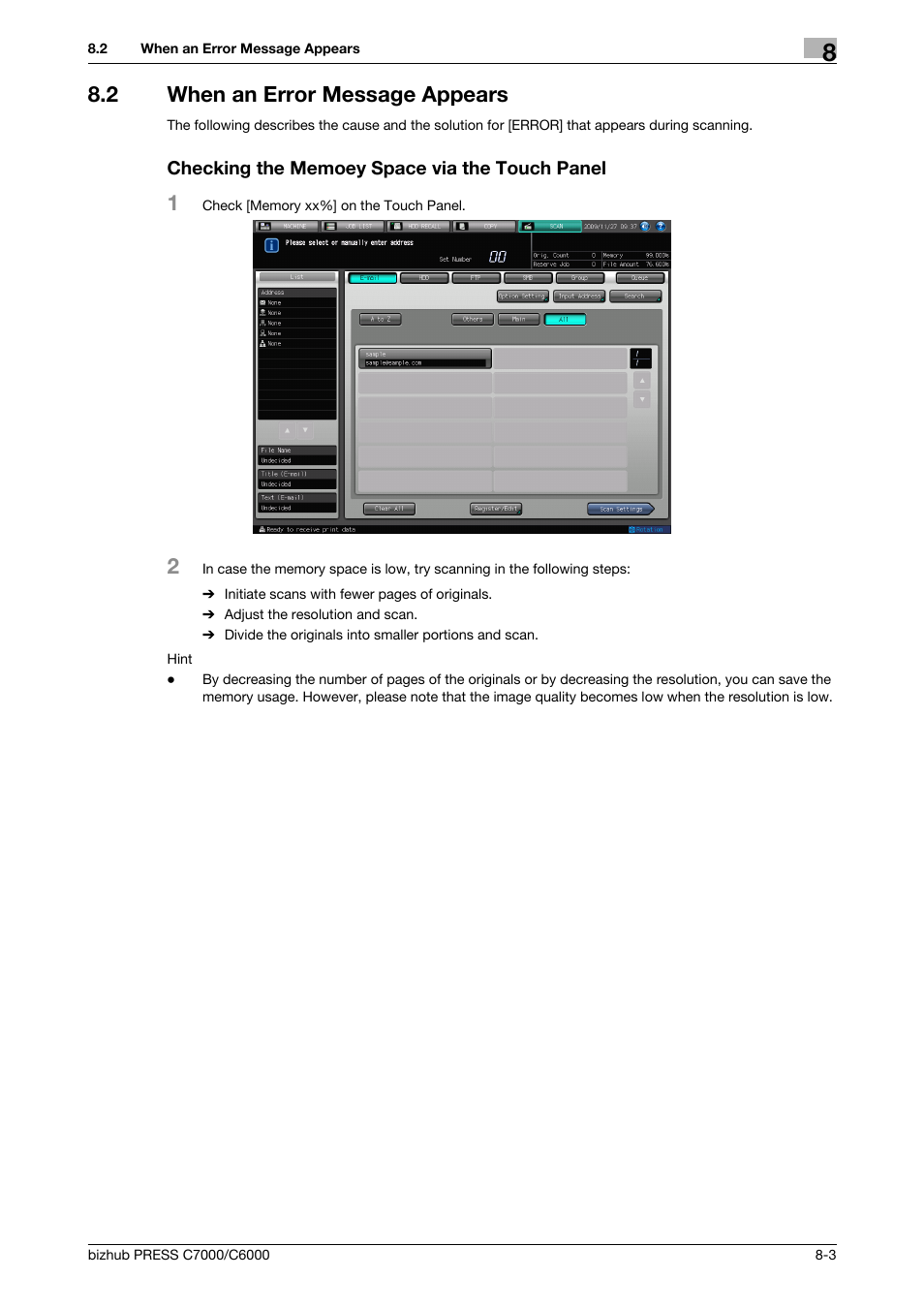 2 when an error message appears, Checking the memoey space via the touch panel, When an error message appears -3 | Konica Minolta IC-413 User Manual | Page 101 / 106