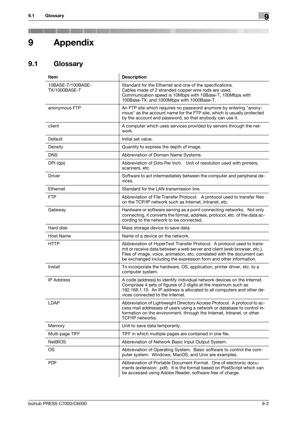9 appendix, 1 glossary, Appendix | Glossary -2, 9appendix | Konica Minolta IC-413 User Manual | Page 103 / 106