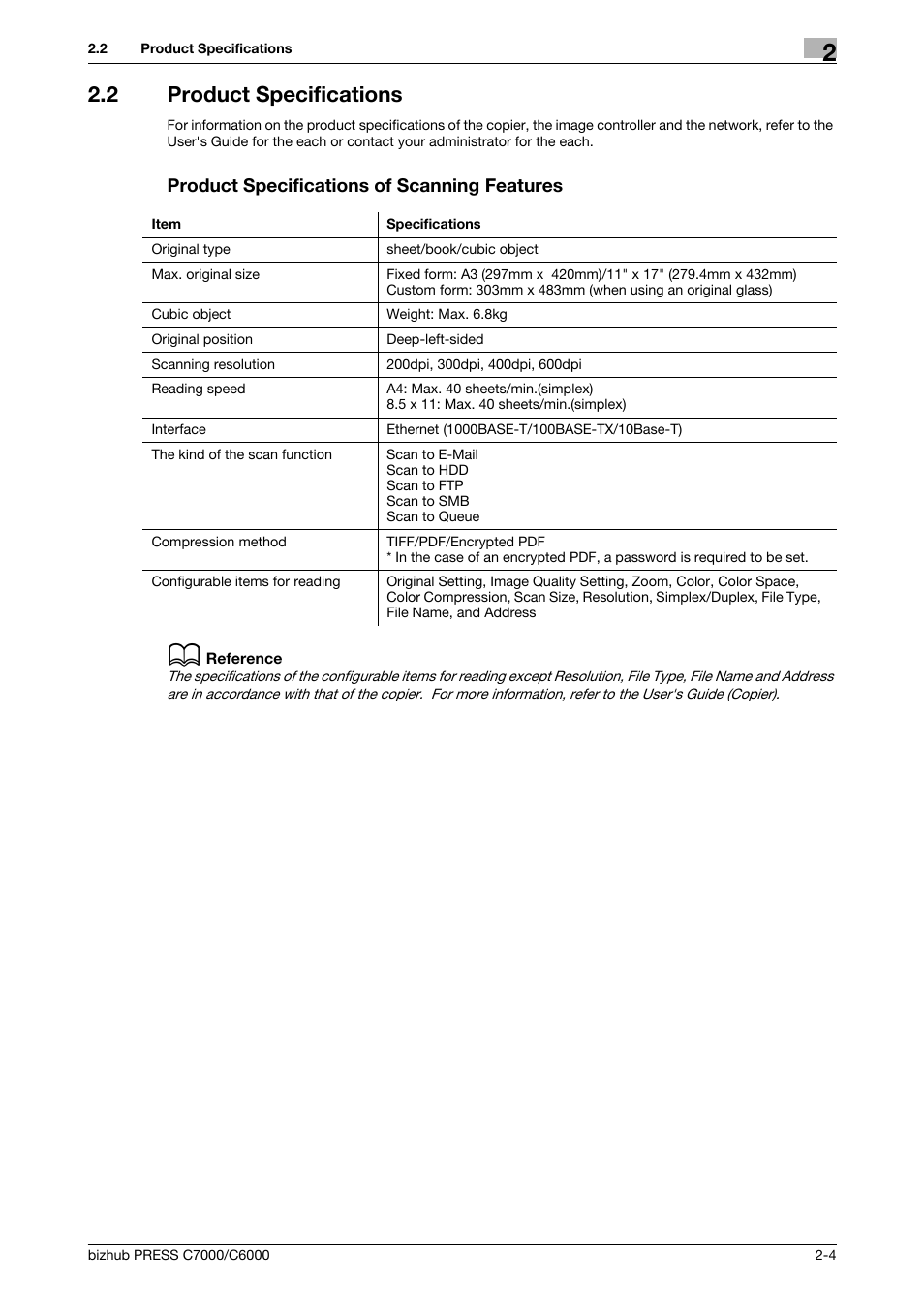 2 product specifications, Product specifications of scanning features, Product specifications -4 | Konica Minolta IC-413 User Manual | Page 13 / 106