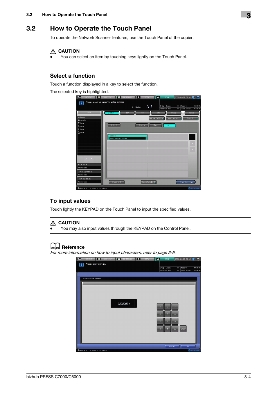 2 how to operate the touch panel, Select a function, To input values | How to operate the touch panel -4 | Konica Minolta IC-413 User Manual | Page 17 / 106