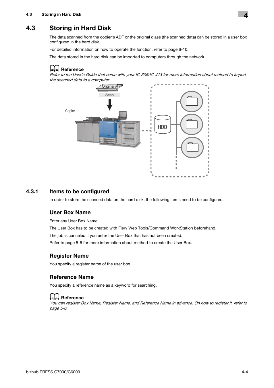 3 storing in hard disk, 1 items to be configured, User box name | Register name, Reference name, Storing in hard disk -4, Items to be configured -4, Storing in hard disk (p. 4-4) | Konica Minolta IC-413 User Manual | Page 28 / 106