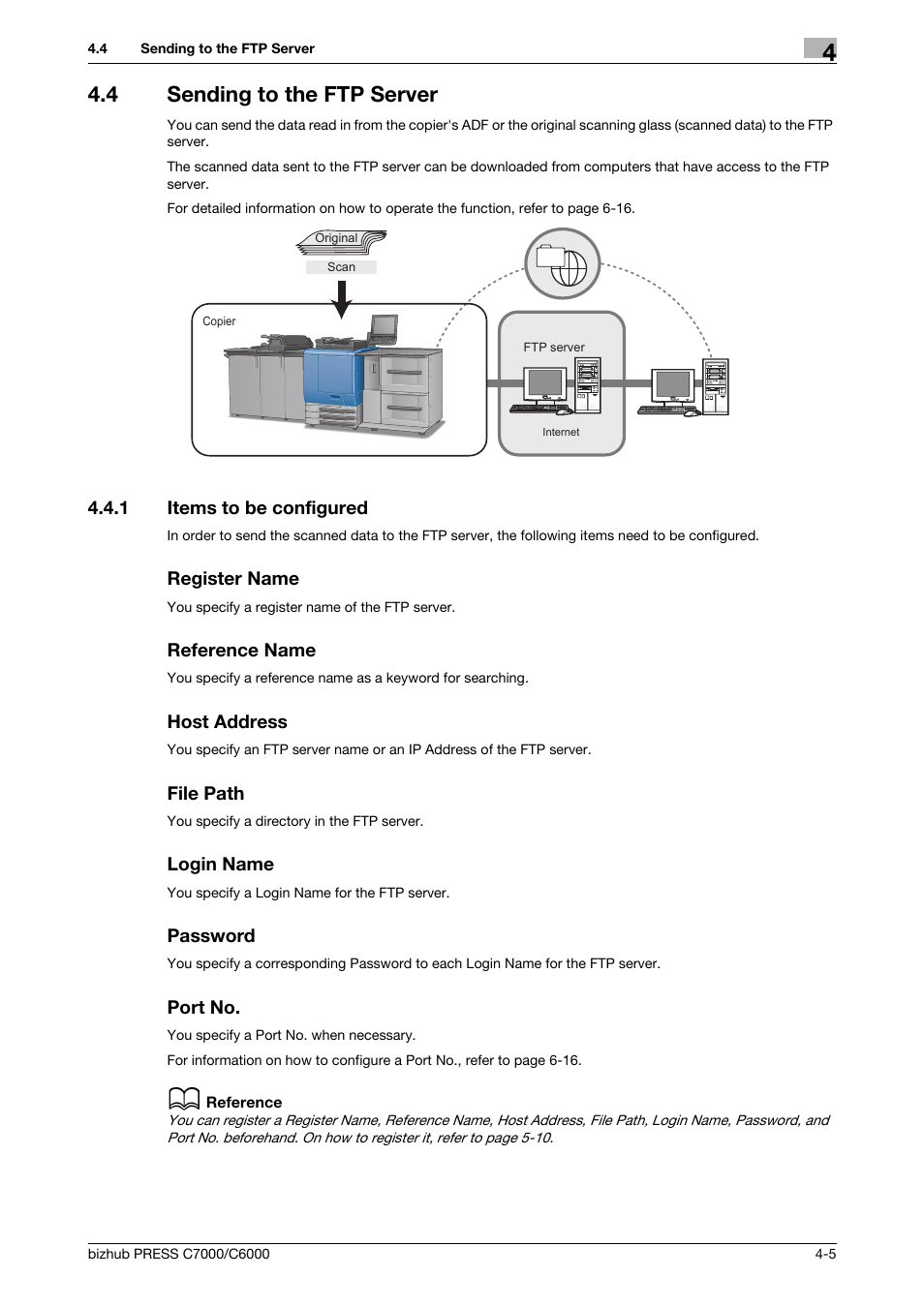 4 sending to the ftp server, 1 items to be configured, Register name | Reference name, Host address, File path, Login name, Password, Port no, Sending to the ftp server -5 | Konica Minolta IC-413 User Manual | Page 29 / 106