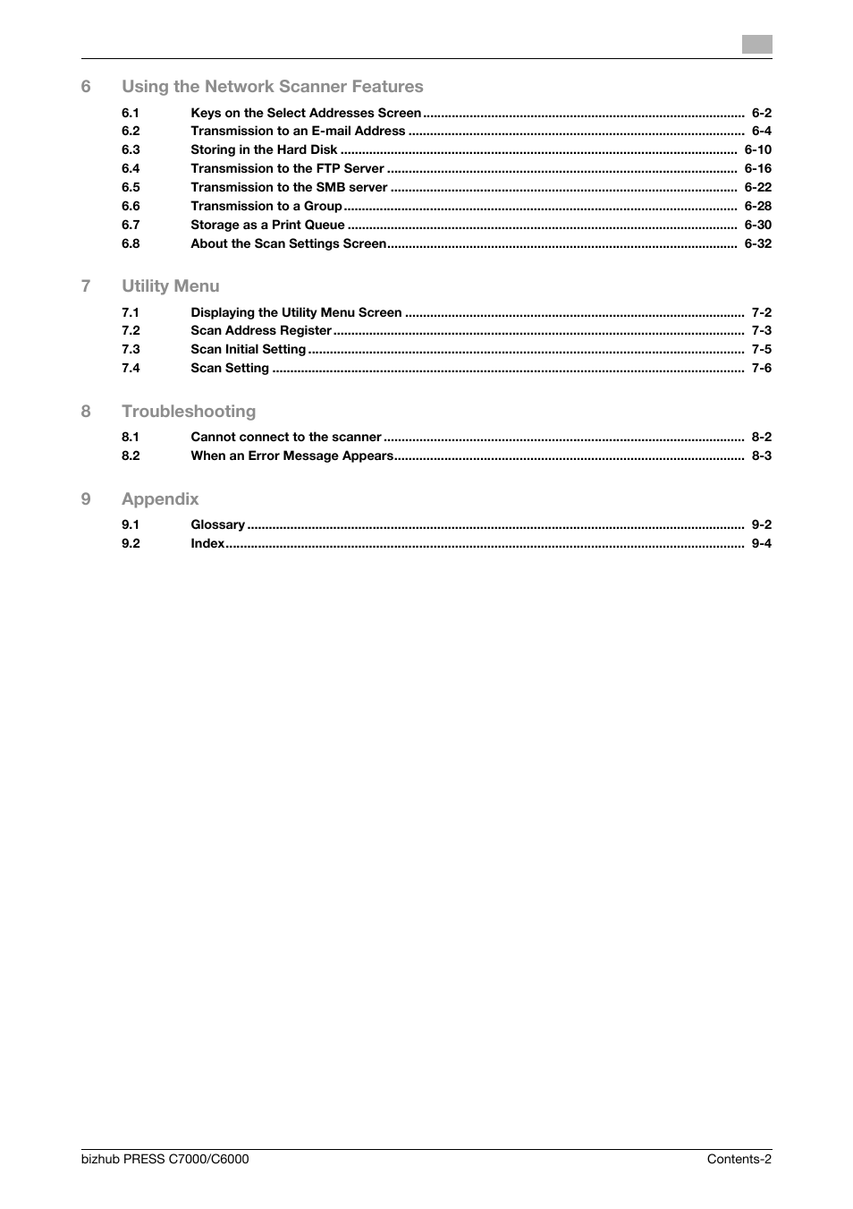 6using the network scanner features, 7utility menu, 8troubleshooting | 9appendix | Konica Minolta IC-413 User Manual | Page 3 / 106