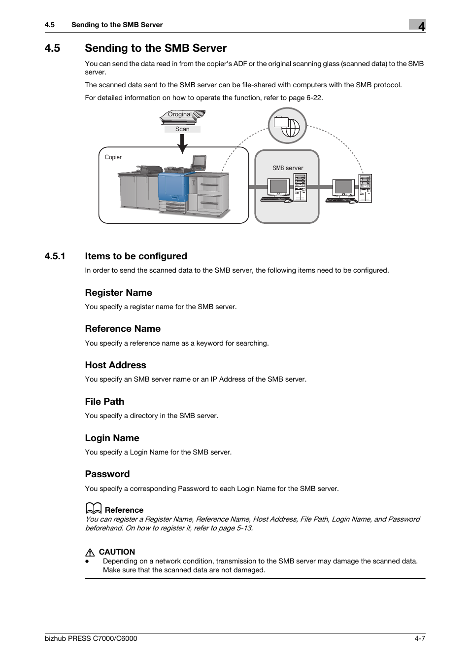 5 sending to the smb server, 1 items to be configured, Register name | Reference name, Host address, File path, Login name, Password, Sending to the smb server -7, Items to be configured -7 | Konica Minolta IC-413 User Manual | Page 31 / 106