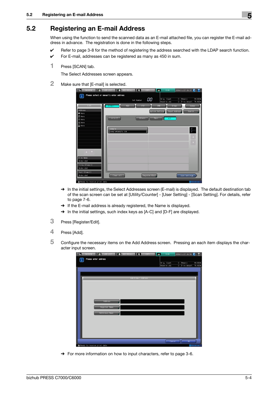 2 registering an e-mail address, Registering an e-mail address -4, Registering an e-mail address (p. 5-4) | Konica Minolta IC-413 User Manual | Page 38 / 106