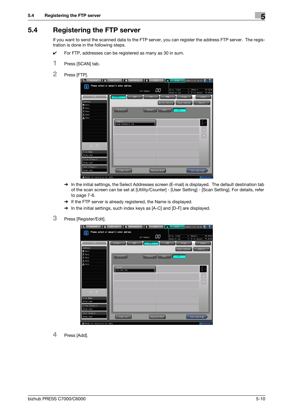4 registering the ftp server, Registering the ftp server -10, Registering the ftp server (p. 5-10) | Konica Minolta IC-413 User Manual | Page 44 / 106