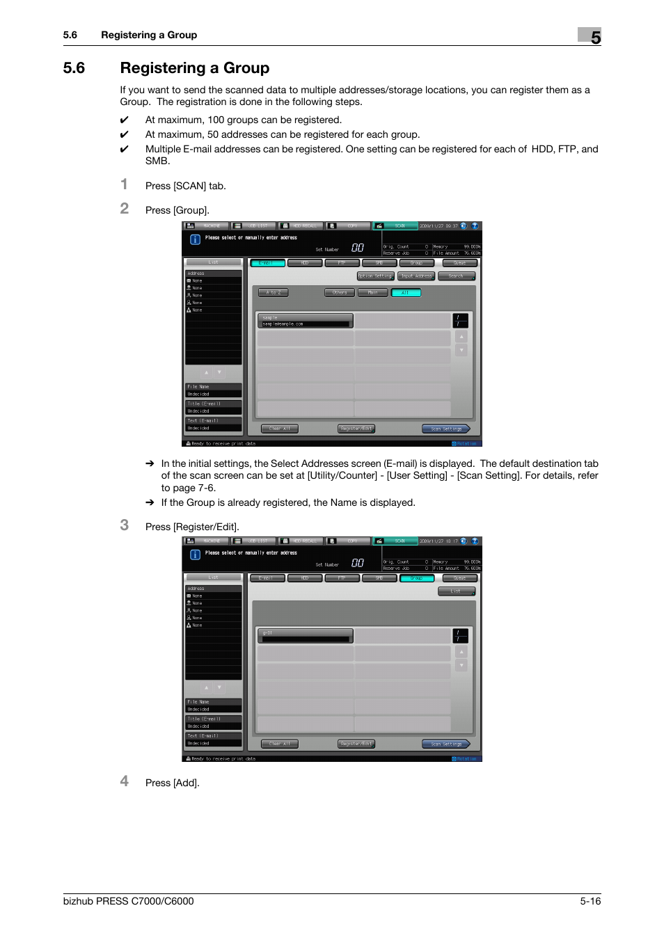 6 registering a group, Registering a group -16, Registering a group (p. 5-16) | Konica Minolta IC-413 User Manual | Page 50 / 106