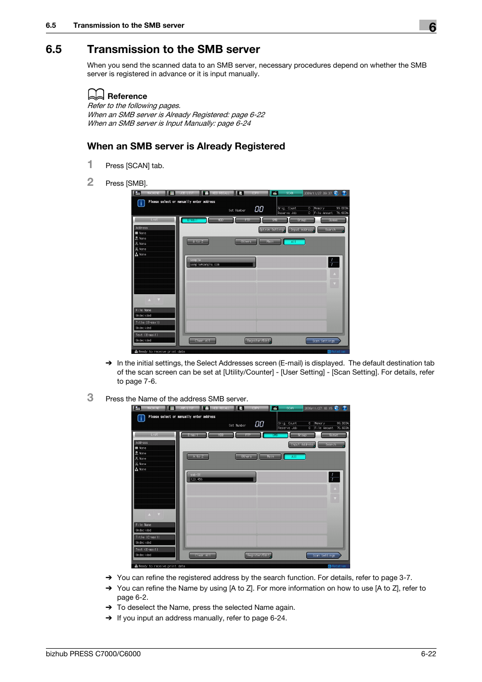 5 transmission to the smb server, When an smb server is already registered, Transmission to the smb server -22 | Transmission to the smb server (p. 6-22) | Konica Minolta IC-413 User Manual | Page 77 / 106