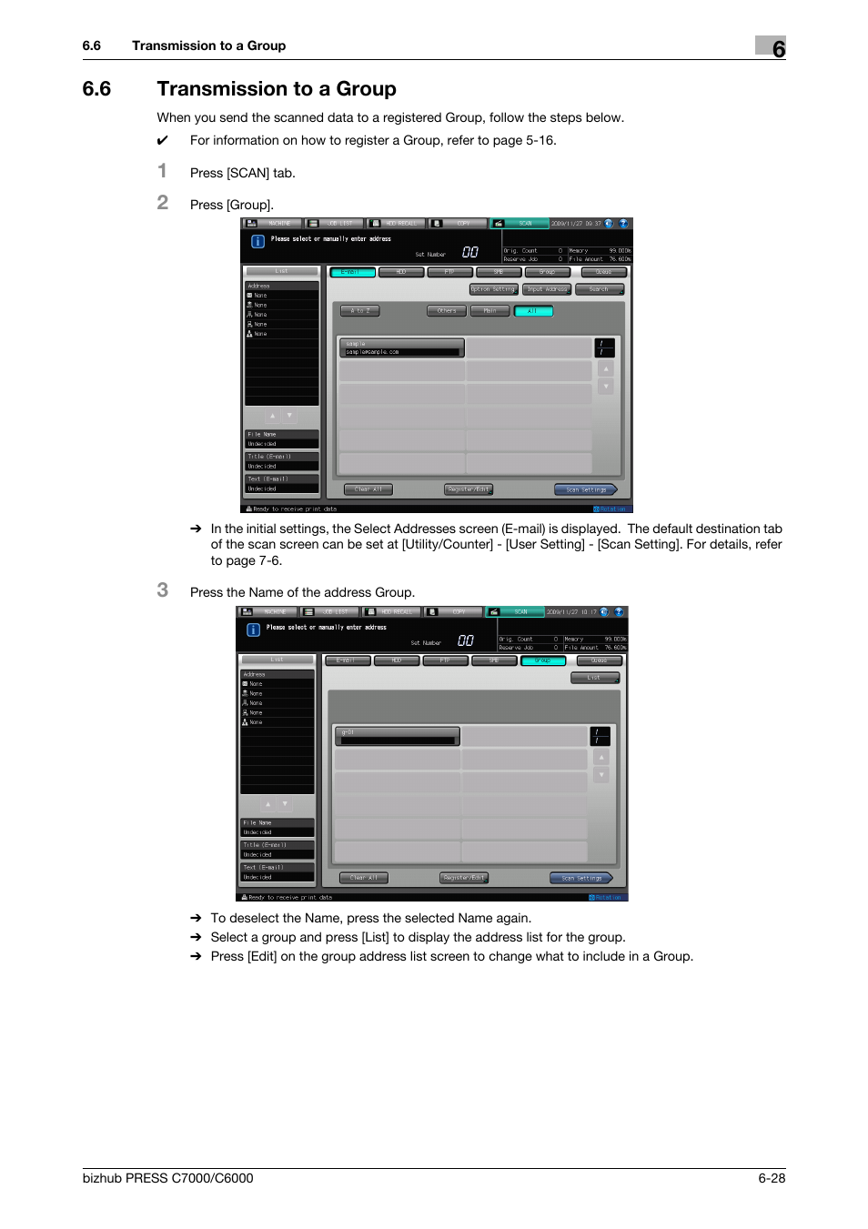 6 transmission to a group, Transmission to a group -28, Transmission to a group (p. 6-28) | Konica Minolta IC-413 User Manual | Page 83 / 106