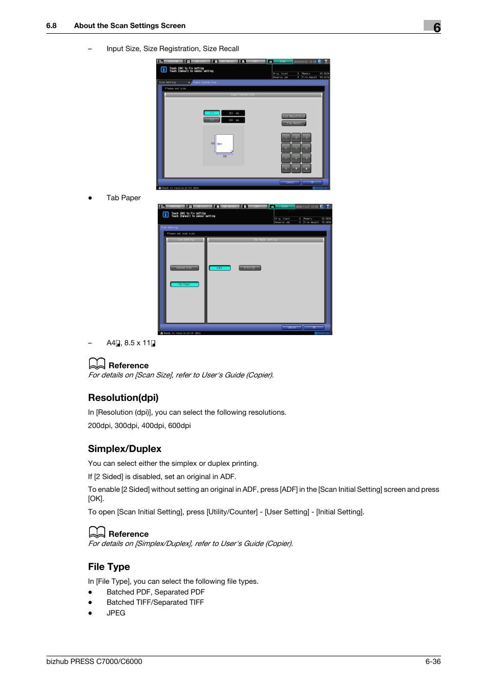 Resolution(dpi), Simplex/duplex, File type | P. 6-36 | Konica Minolta IC-413 User Manual | Page 91 / 106