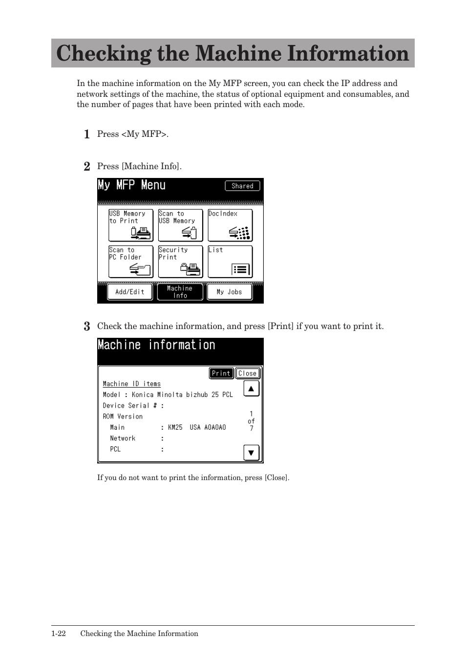 Checking the machine information, Checking the machine information -22 | Konica Minolta bizhub 25 User Manual | Page 29 / 175