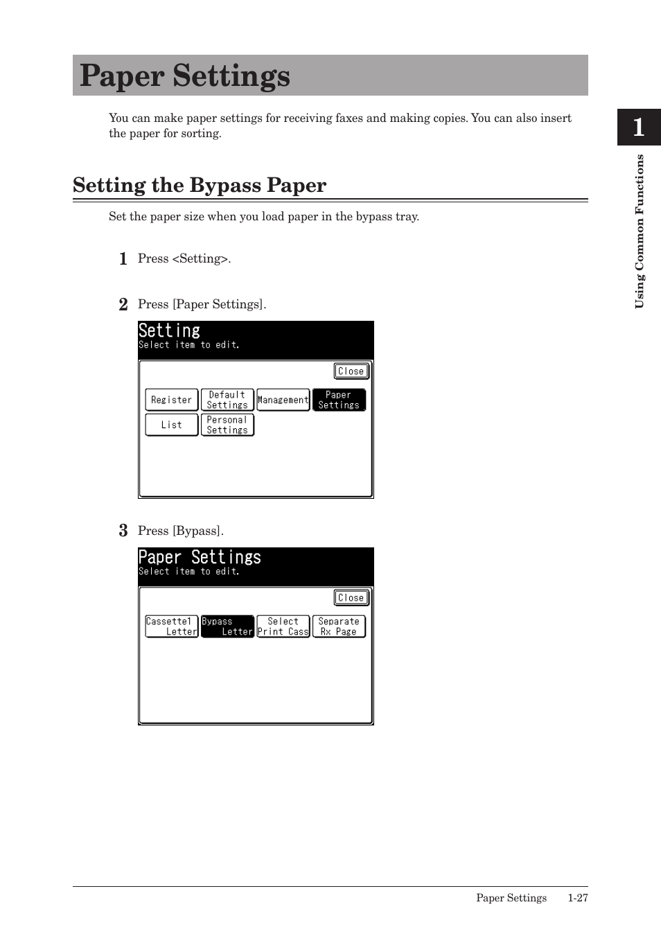 Paper settings, Setting the bypass paper, Paper settings -27 | Setting the bypass paper -27 | Konica Minolta bizhub 25 User Manual | Page 34 / 175