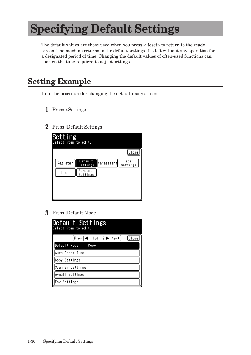 Specifying default settings, Setting example, Specifying default settings -30 | Setting example -30 | Konica Minolta bizhub 25 User Manual | Page 37 / 175