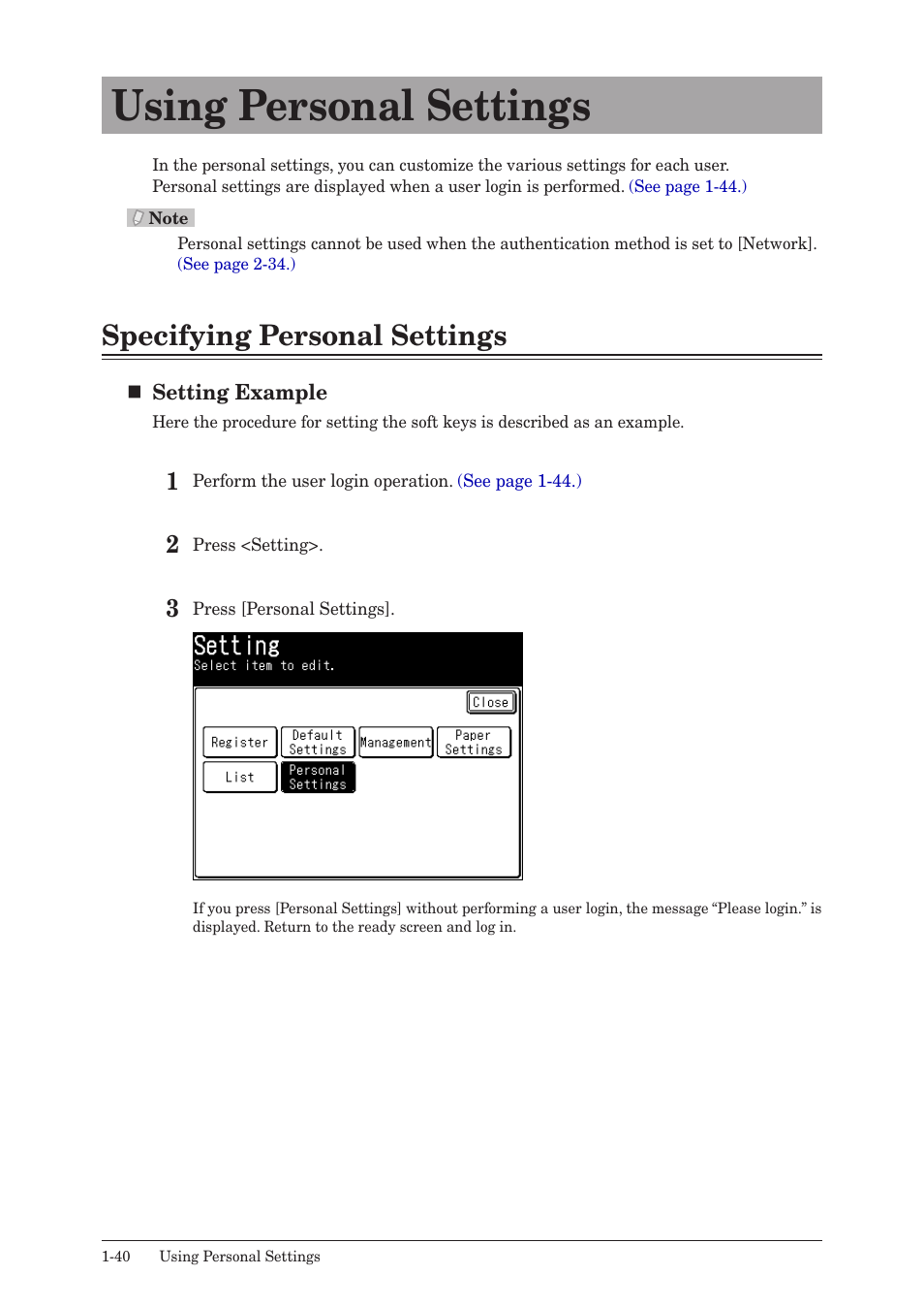 Using personal settings, Specifying personal settings, Using personal settings -40 | Specifying personal settings -40 | Konica Minolta bizhub 25 User Manual | Page 47 / 175