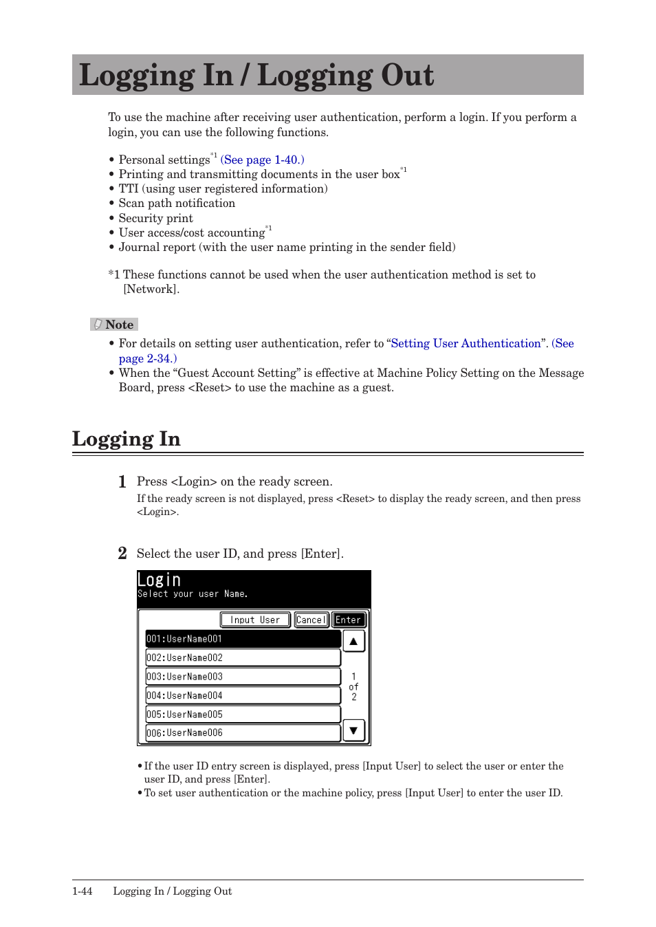 Logging in / logging out, Logging in, Logging in / logging out -44 | Logging in -44 | Konica Minolta bizhub 25 User Manual | Page 51 / 175