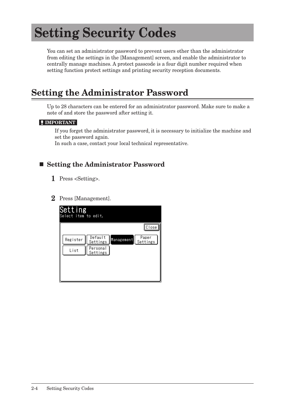 Setting security codes, Setting the administrator password, Setting security codes -4 | Setting the administrator password -4 | Konica Minolta bizhub 25 User Manual | Page 57 / 175