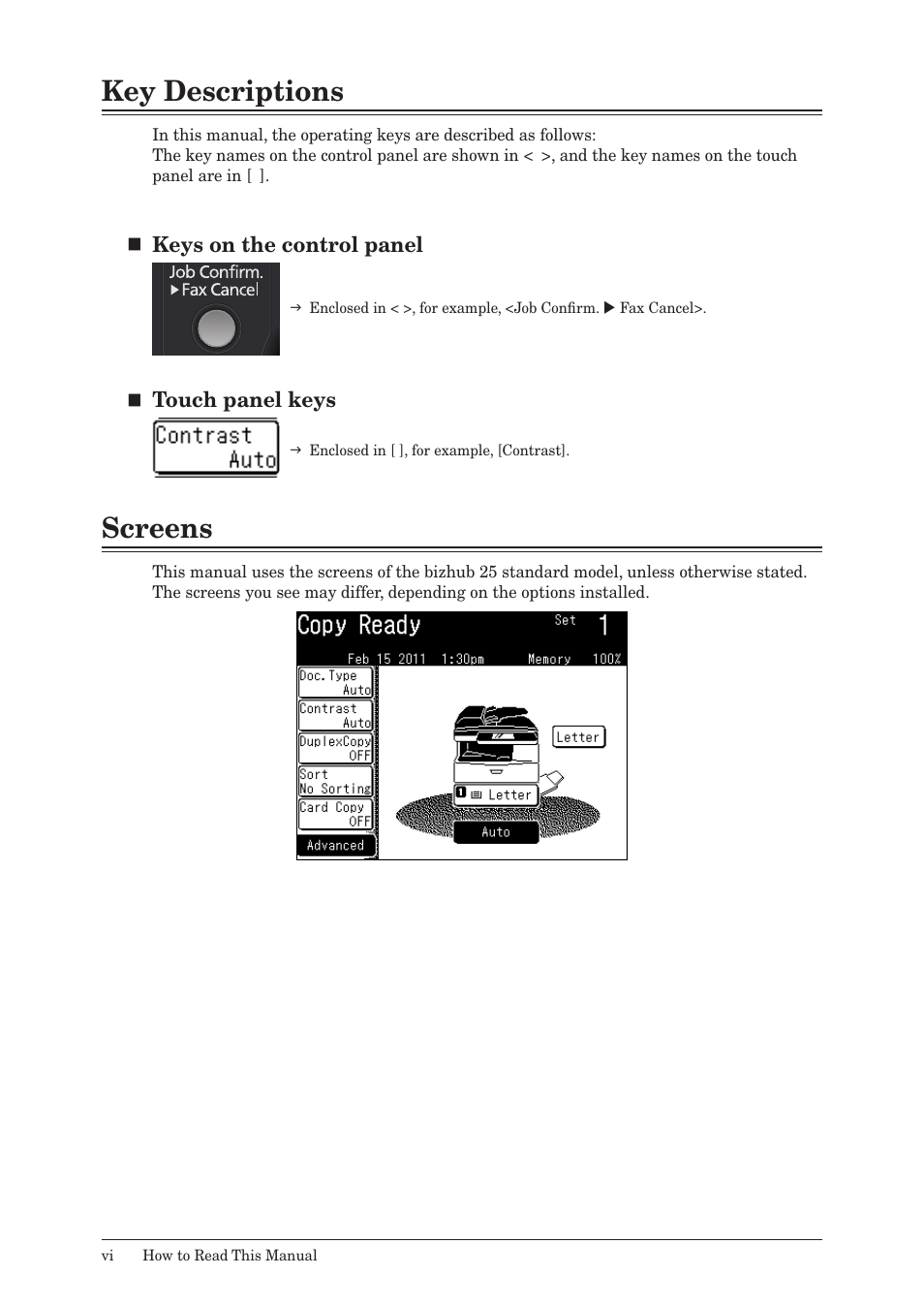 Key descriptions, Screens | Konica Minolta bizhub 25 User Manual | Page 7 / 175