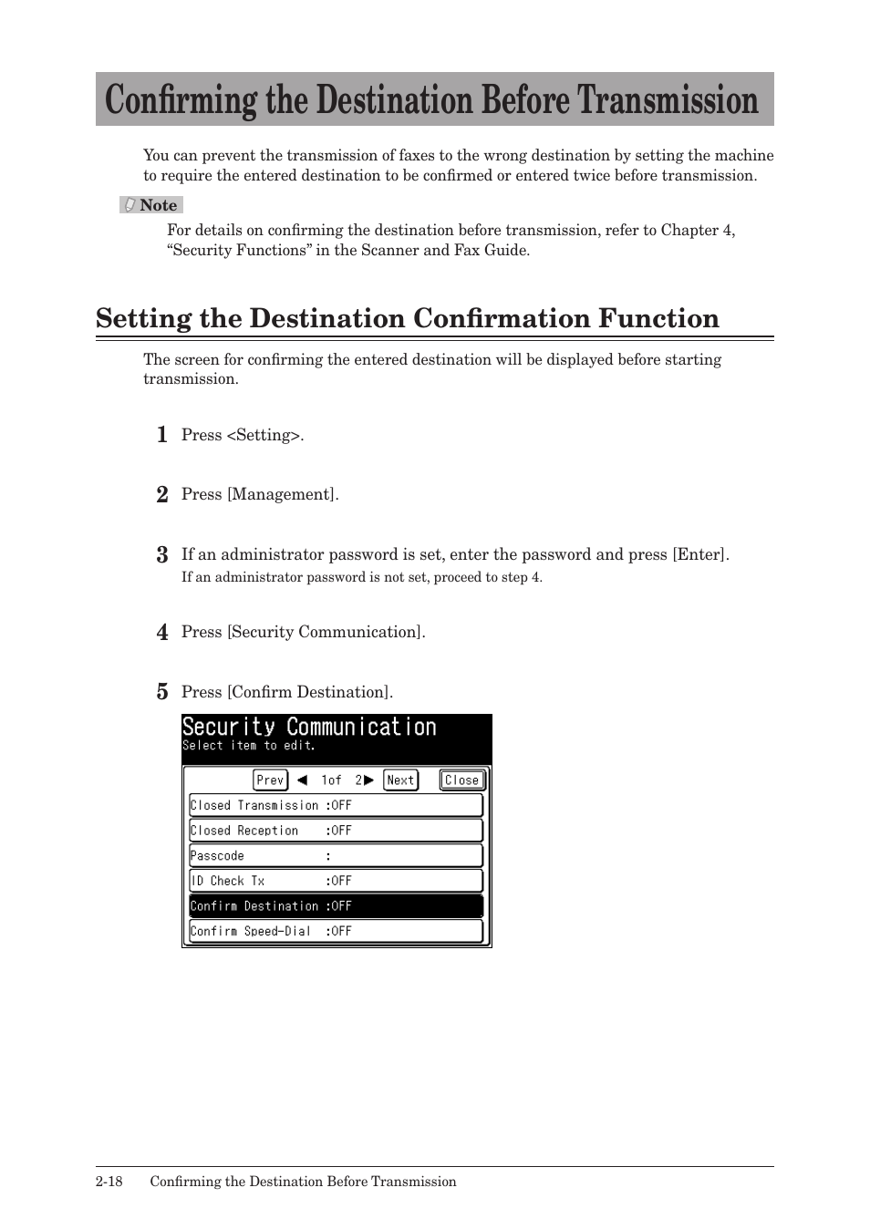 Confirming the destination before transmission, Setting the destination confirmation function, Confirming the destination before transmission -18 | Setting the destination confirmation function -18 | Konica Minolta bizhub 25 User Manual | Page 71 / 175