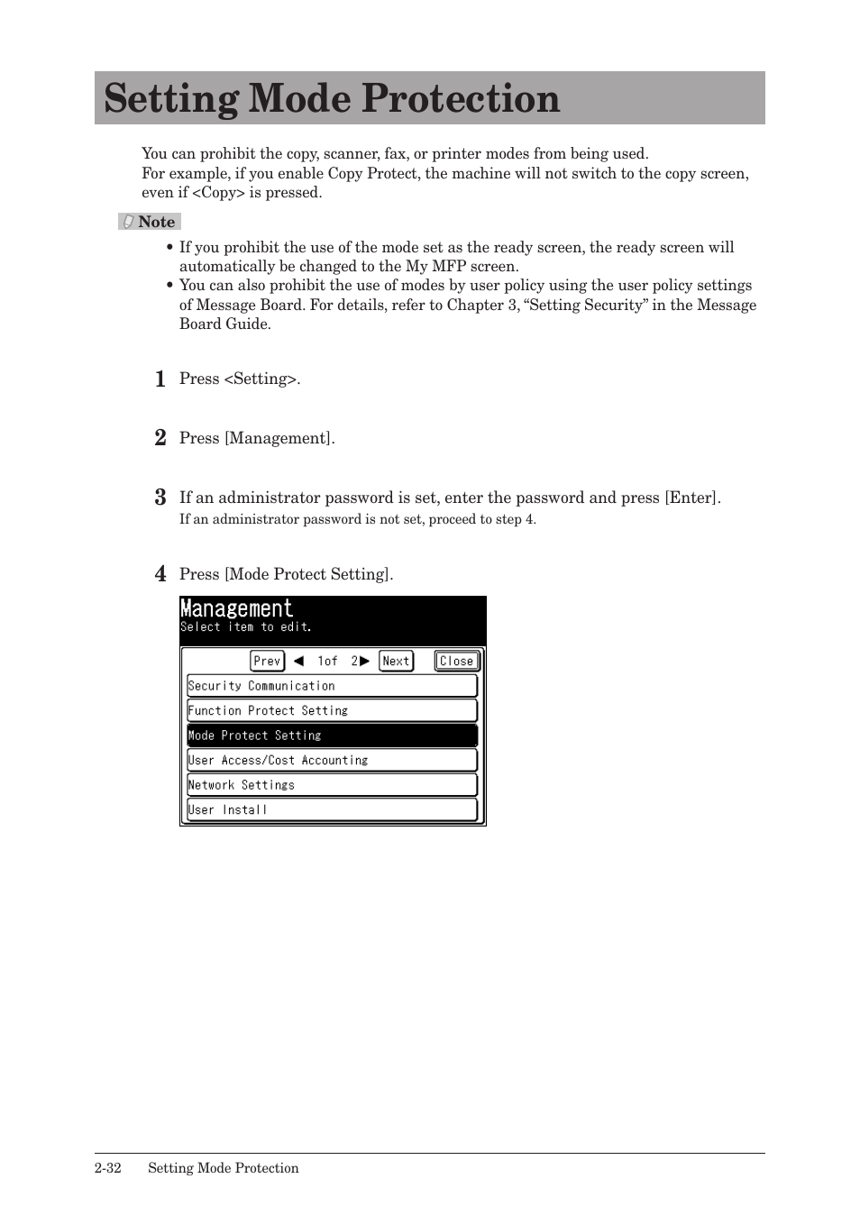 Setting mode protection, Setting mode protection -32 | Konica Minolta bizhub 25 User Manual | Page 85 / 175