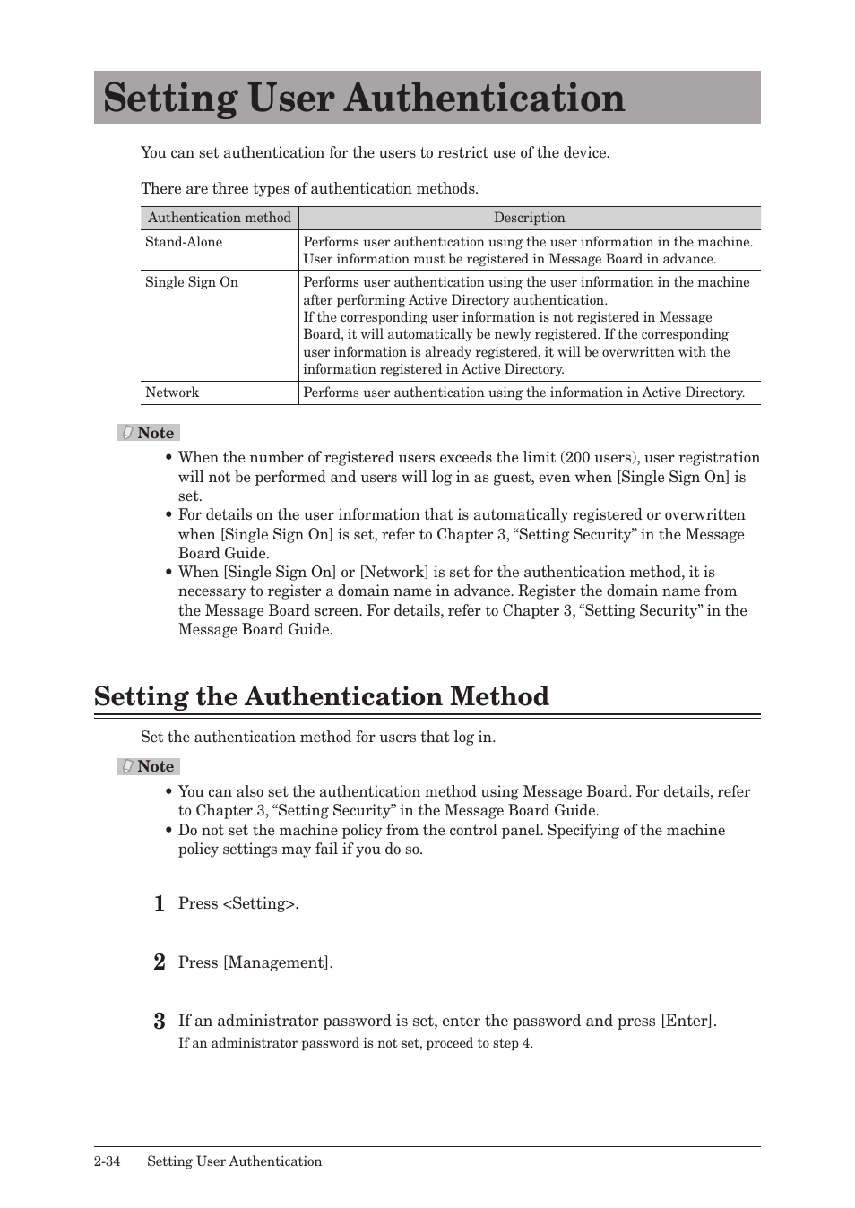 Setting user authentication, Setting the authentication method, Setting user authentication -34 | Setting the authentication method -34 | Konica Minolta bizhub 25 User Manual | Page 87 / 175