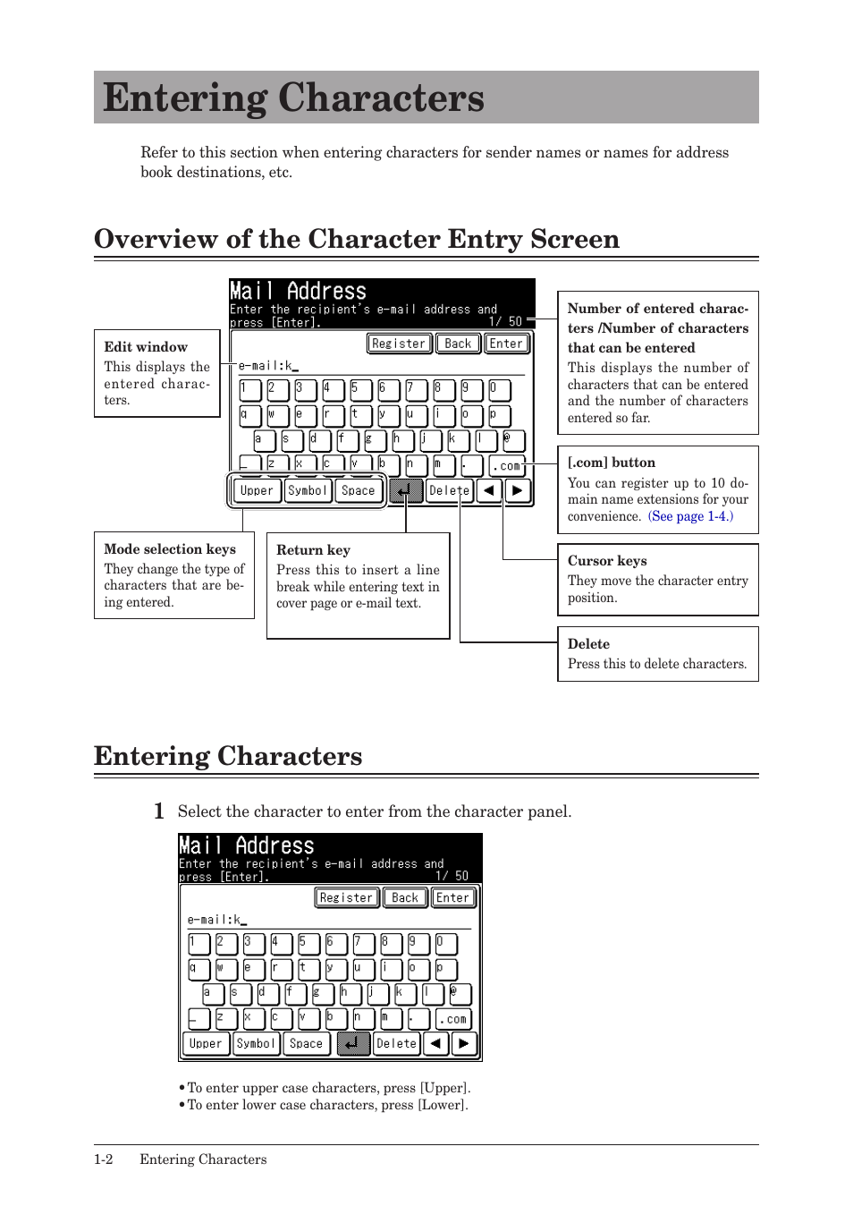 Entering characters, Overview of the character entry screen, Entering characters -2 | Konica Minolta bizhub 25 User Manual | Page 9 / 175