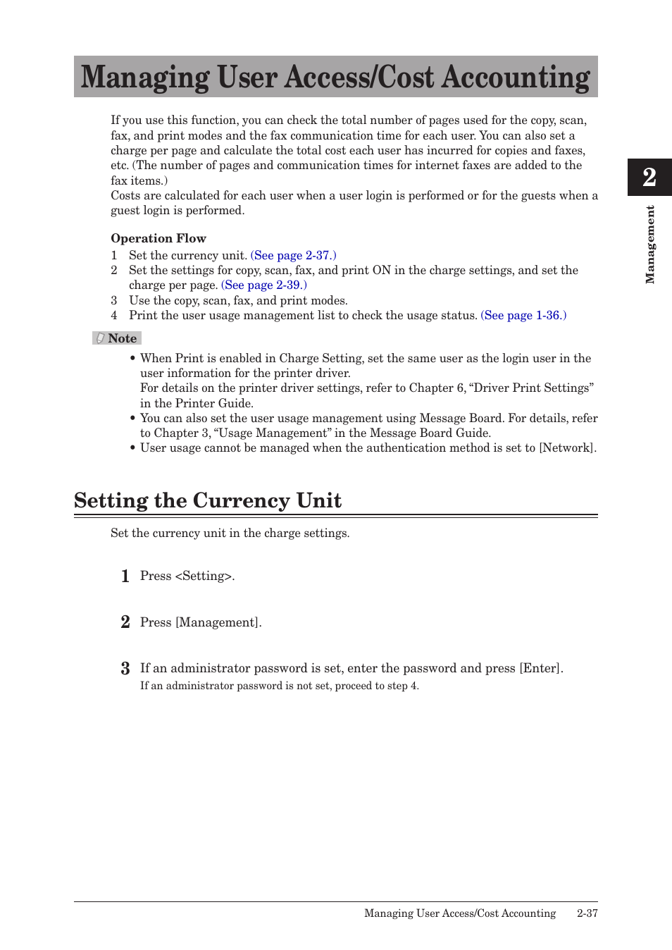 Managing user access/cost accounting, Setting the currency unit, Managing user access/cost accounting -37 | Setting the currency unit -37 | Konica Minolta bizhub 25 User Manual | Page 90 / 175