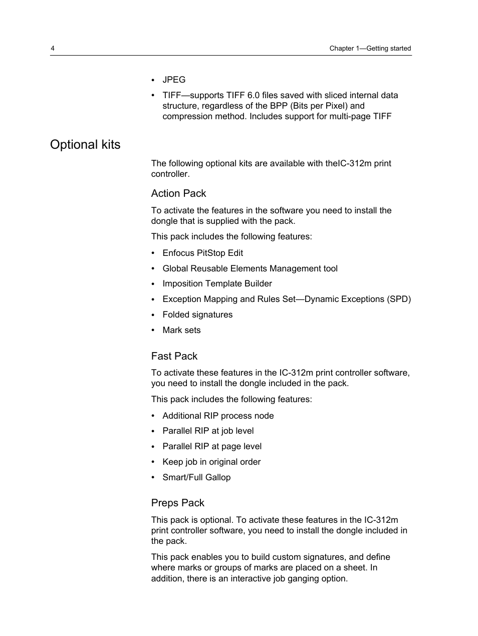 Optional kits, Action pack, Fast pack | Preps pack | Konica Minolta bizhub PRESS 2250P User Manual | Page 12 / 193