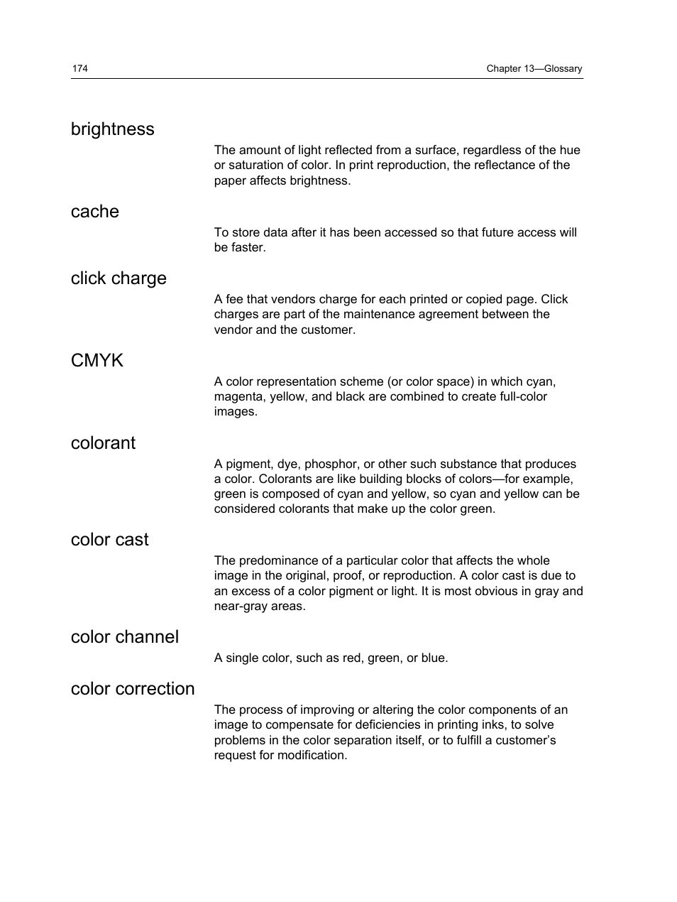 Brightness, Cache, Click charge | Cmyk, Colorant, Color cast, Color channel, Color correction | Konica Minolta bizhub PRESS 2250P User Manual | Page 182 / 193