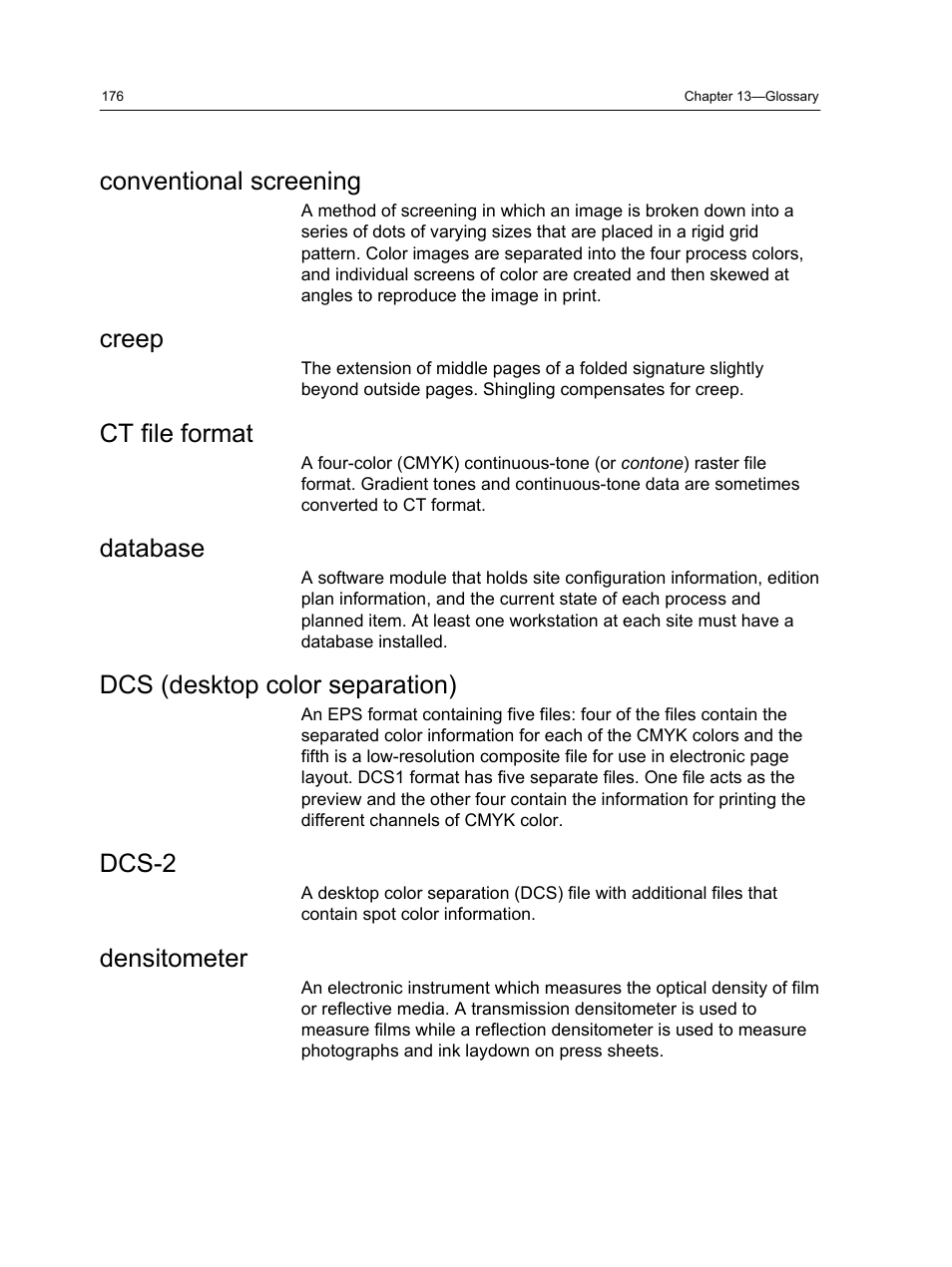 Conventional screening, Creep, Ct file format | Database, Dcs (desktop color separation), Dcs-2, Densitometer | Konica Minolta bizhub PRESS 2250P User Manual | Page 184 / 193