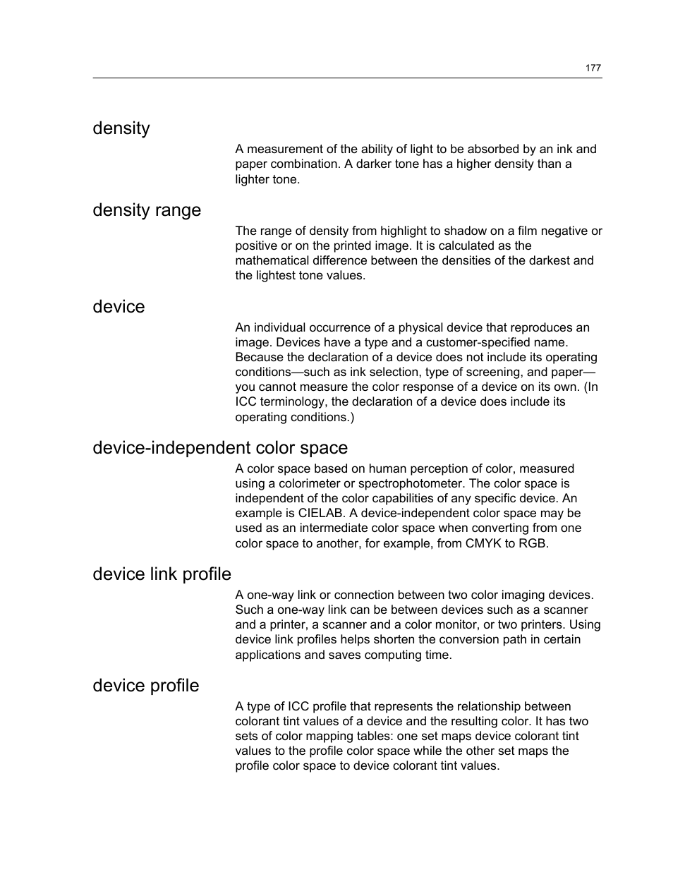 Density, Density range, Device | Device-independent color space, Device link profile, Device profile | Konica Minolta bizhub PRESS 2250P User Manual | Page 185 / 193