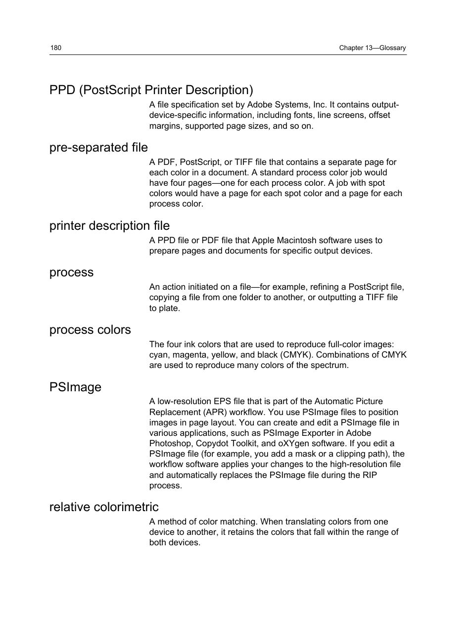 Ppd (postscript printer description), Pre-separated file, Printer description file | Process, Process colors, Psimage, Relative colorimetric | Konica Minolta bizhub PRESS 2250P User Manual | Page 188 / 193