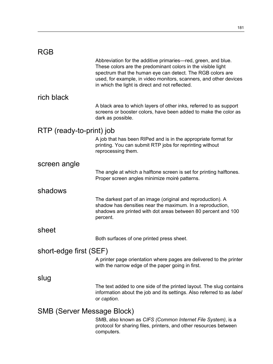 Rich black, Rtp (ready-to-print) job, Screen angle | Shadows, Sheet, Short-edge first (sef), Slug, Smb (server message block) | Konica Minolta bizhub PRESS 2250P User Manual | Page 189 / 193