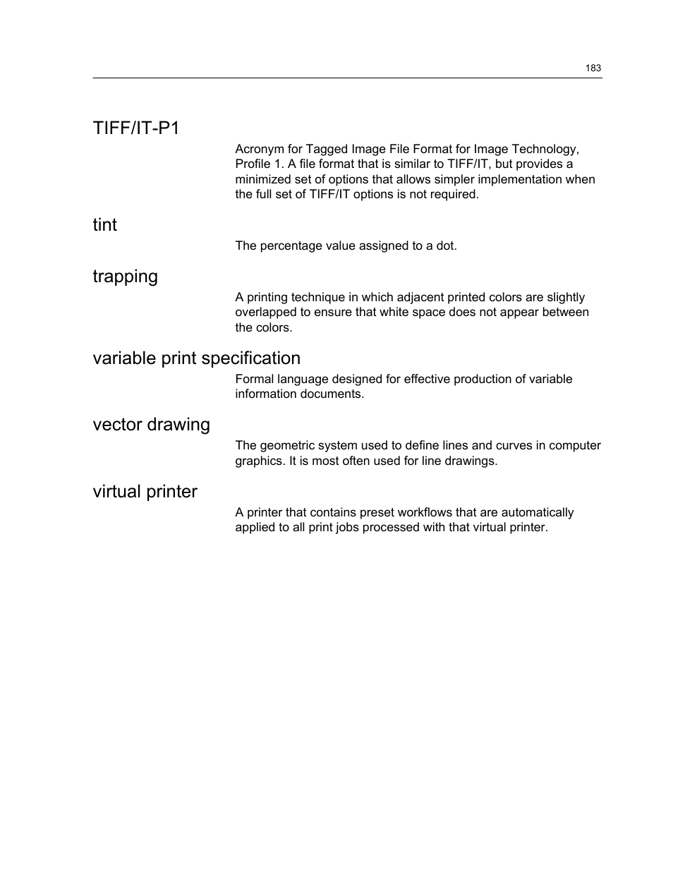 Tiff/it-p1, Tint, Trapping | Variable print specification, Vector drawing, Virtual printer | Konica Minolta bizhub PRESS 2250P User Manual | Page 191 / 193