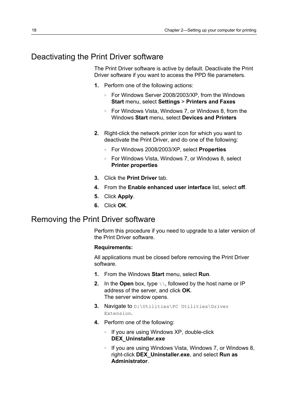 Deactivating the print driver software, Removing the print driver software | Konica Minolta bizhub PRESS 2250P User Manual | Page 26 / 193