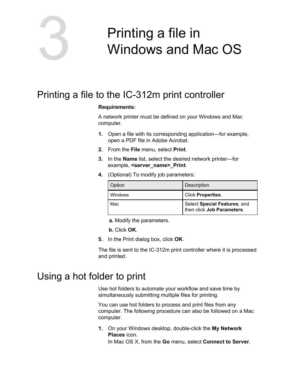 Printing a file in windows and mac os, Printing a file to the ic-312m print controller, Using a hot folder to print | Konica Minolta bizhub PRESS 2250P User Manual | Page 33 / 193