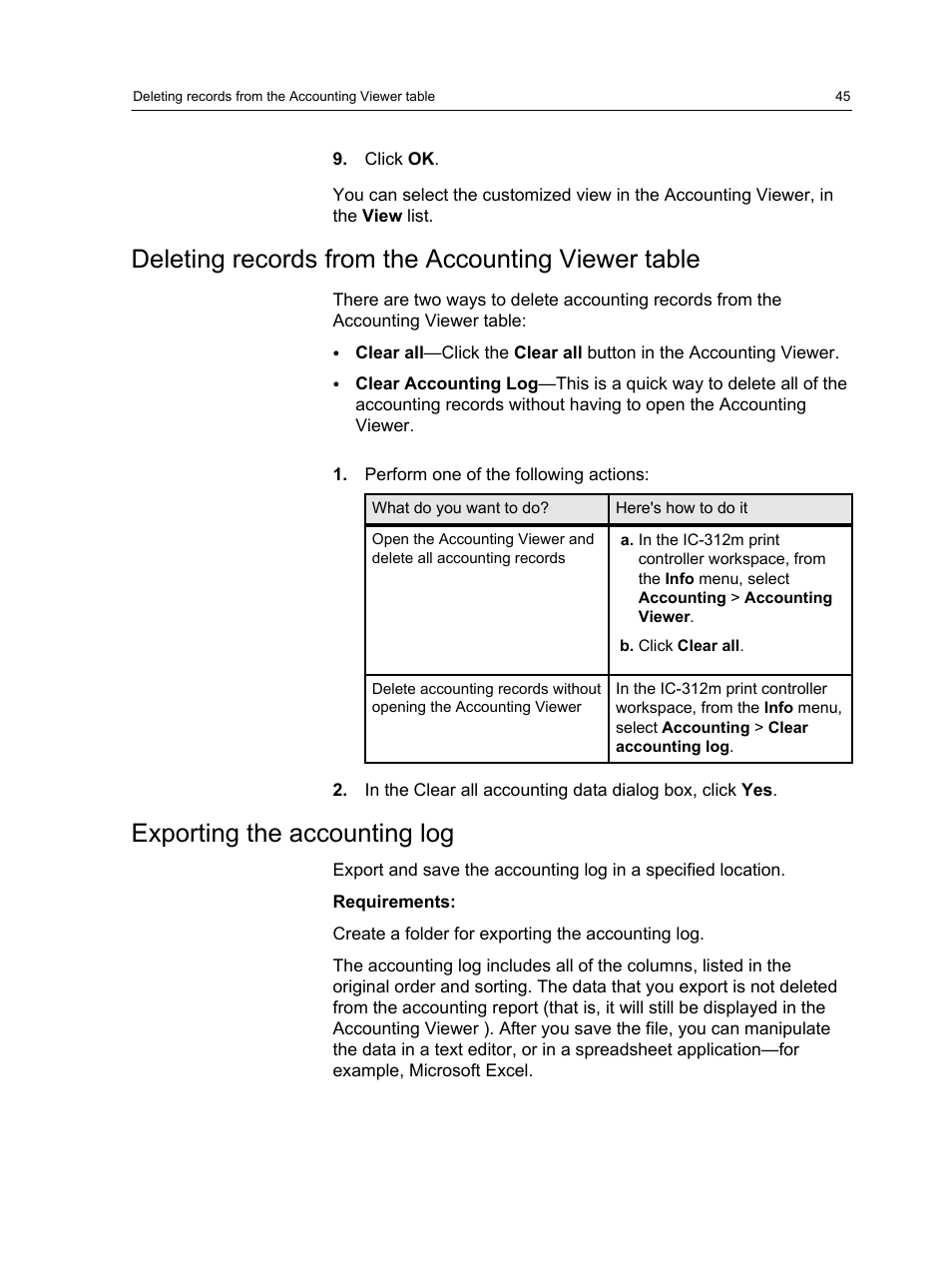 Deleting records from the accounting viewer table, Exporting the accounting log | Konica Minolta bizhub PRESS 2250P User Manual | Page 53 / 193