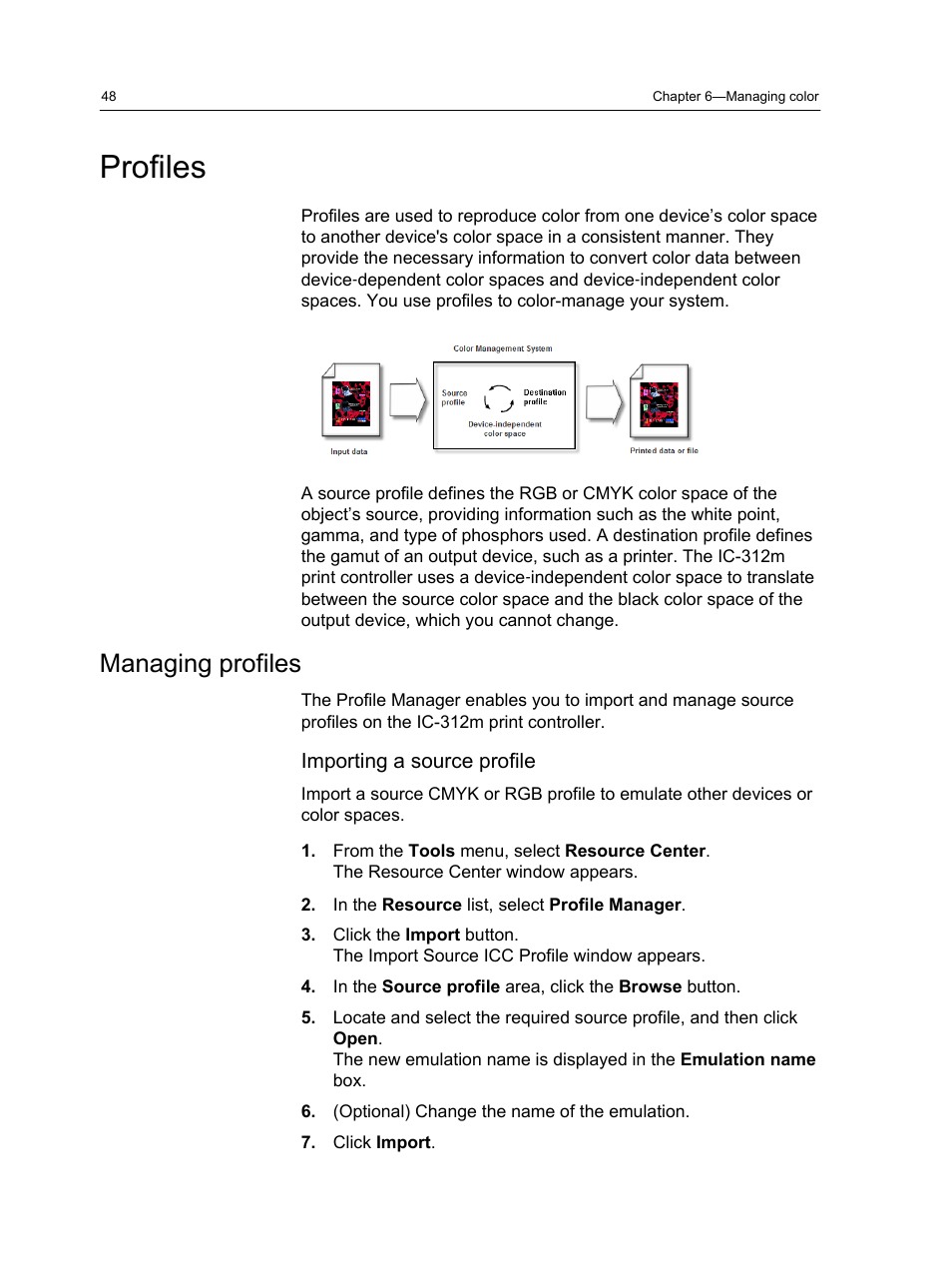 Profiles, Managing profiles, Importing a source profile | Konica Minolta bizhub PRESS 2250P User Manual | Page 56 / 193