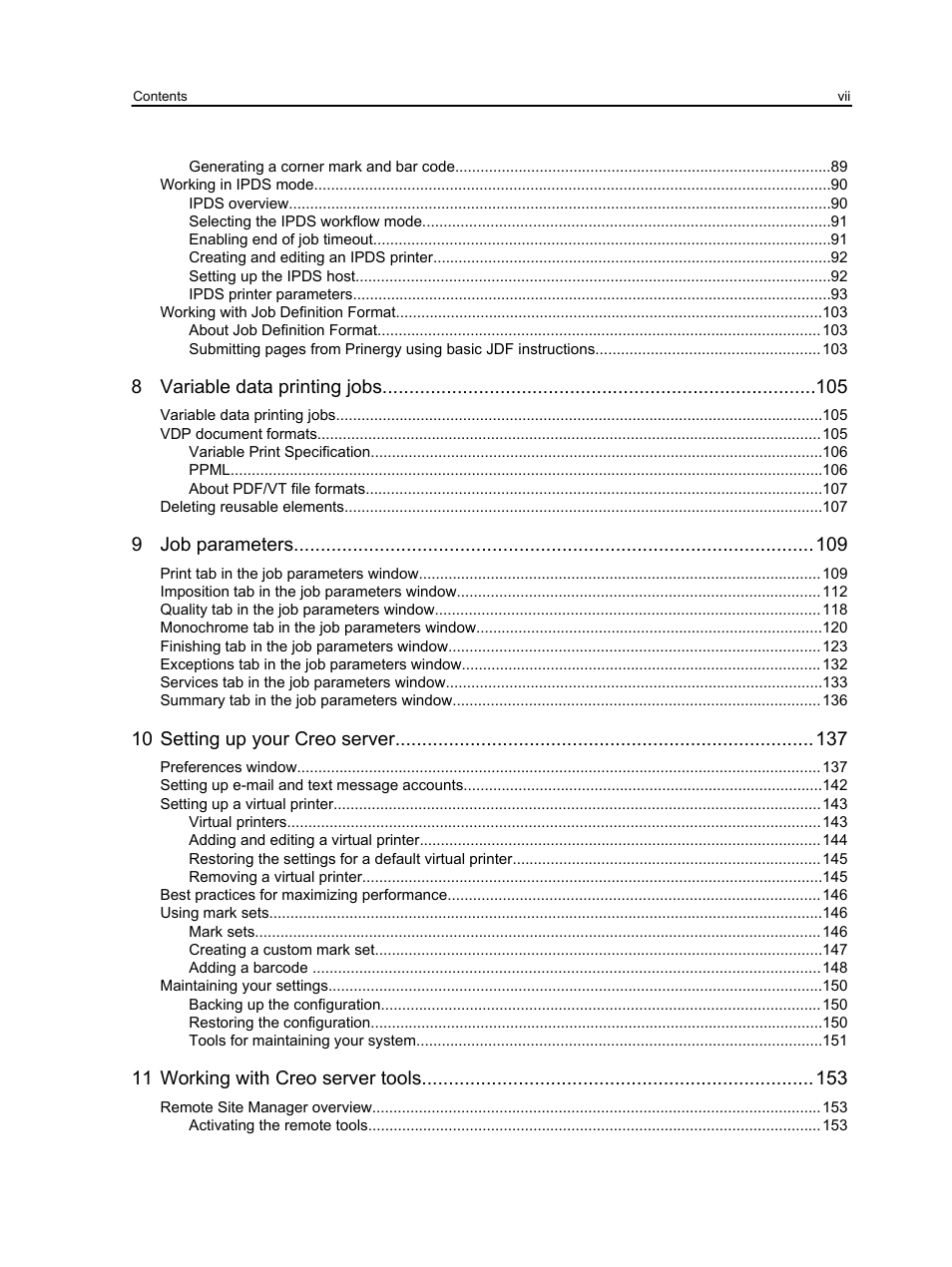 8 variable data printing jobs, 9 job parameters, 10 setting up your creo server | 11 working with creo server tools | Konica Minolta bizhub PRESS 2250P User Manual | Page 7 / 193