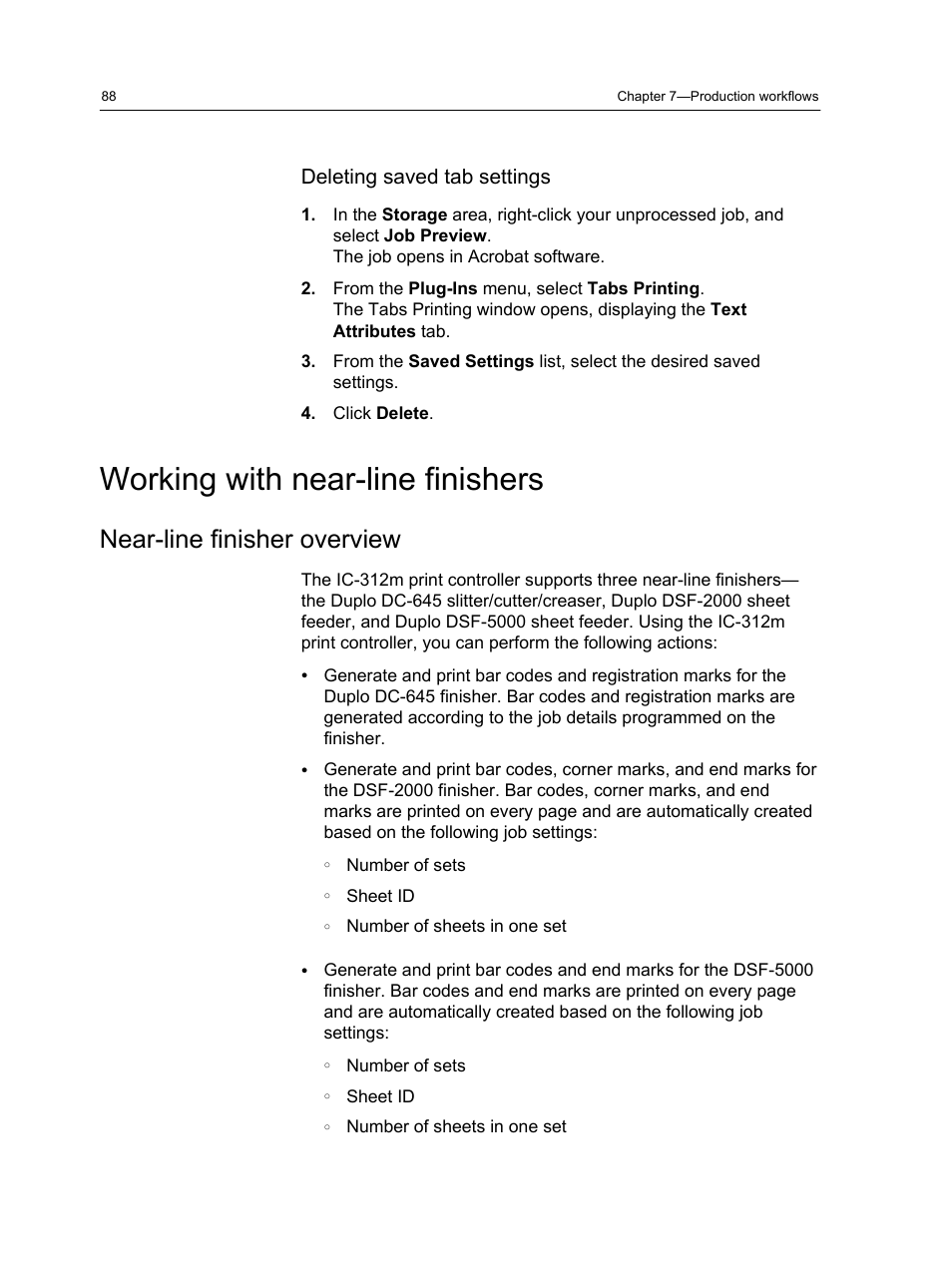 Deleting saved tab settings, Working with near-line finishers, Near-line finisher overview | Konica Minolta bizhub PRESS 2250P User Manual | Page 96 / 193