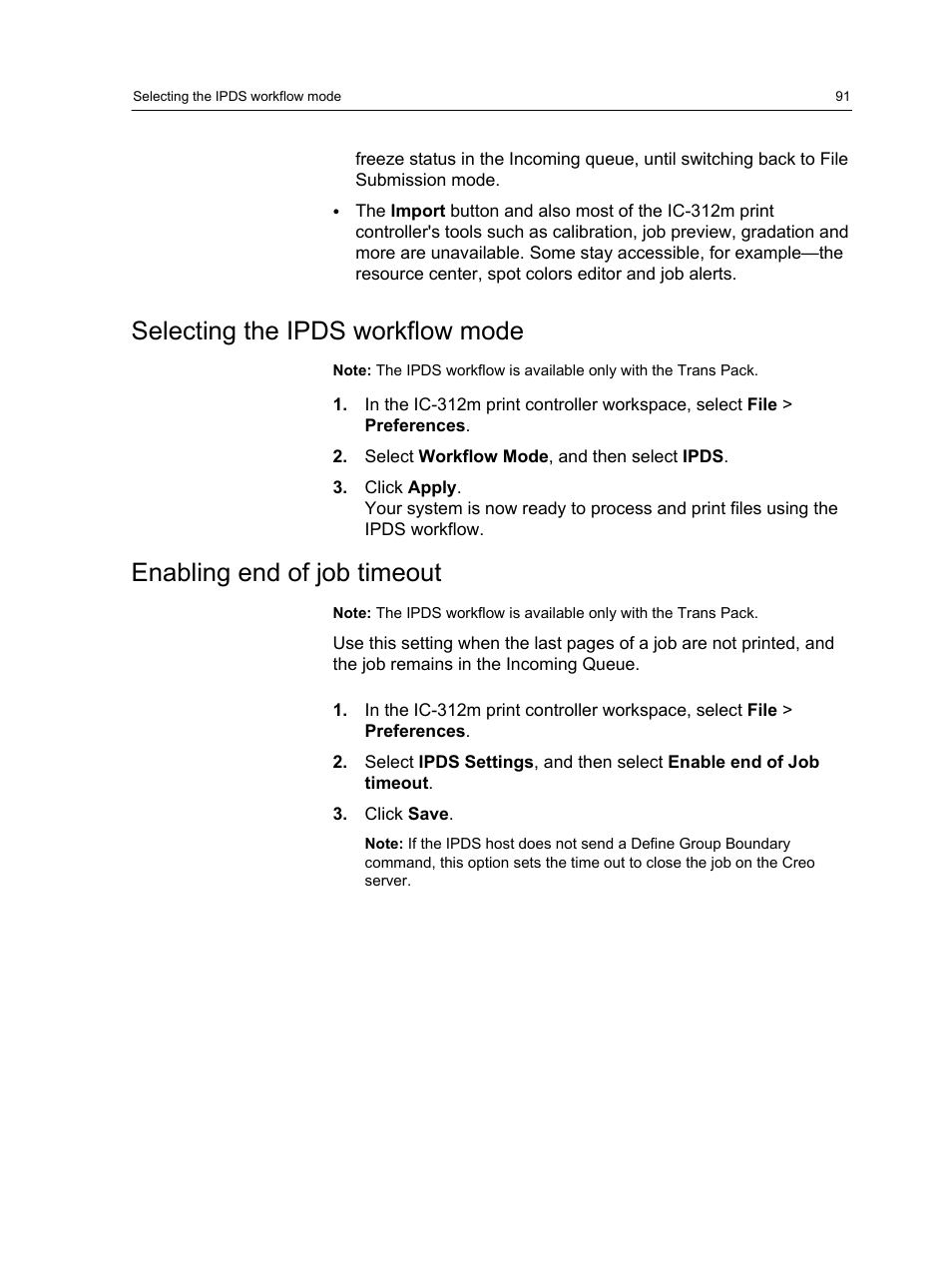 Selecting the ipds workflow mode, Enabling end of job timeout | Konica Minolta bizhub PRESS 2250P User Manual | Page 99 / 193