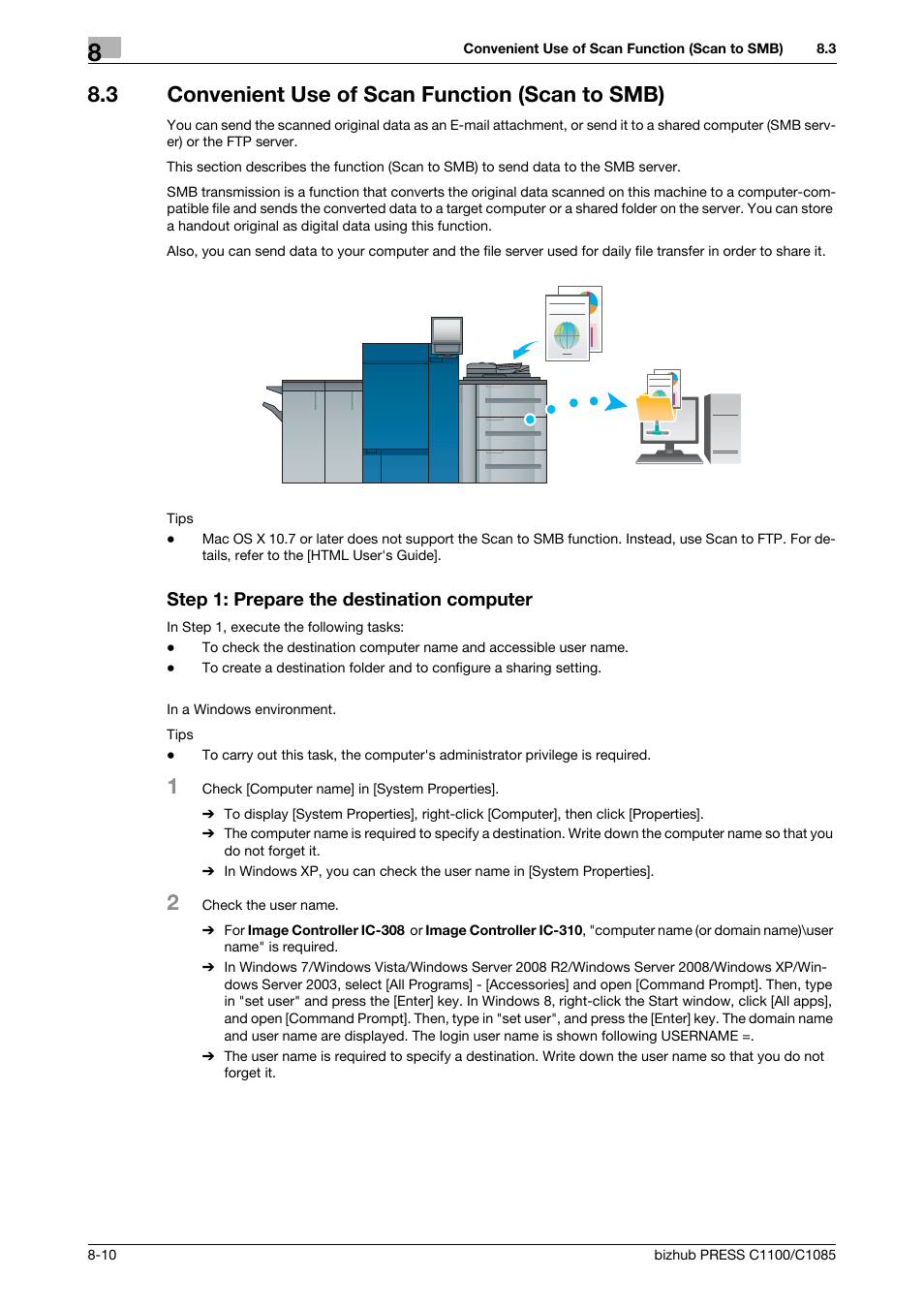 3 convenient use of scan function (scan to smb), Step 1: prepare the destination computer, Convenient use of scan function (scan to smb) -10 | Konica Minolta bizhub PRESS C1085 User Manual | Page 104 / 128