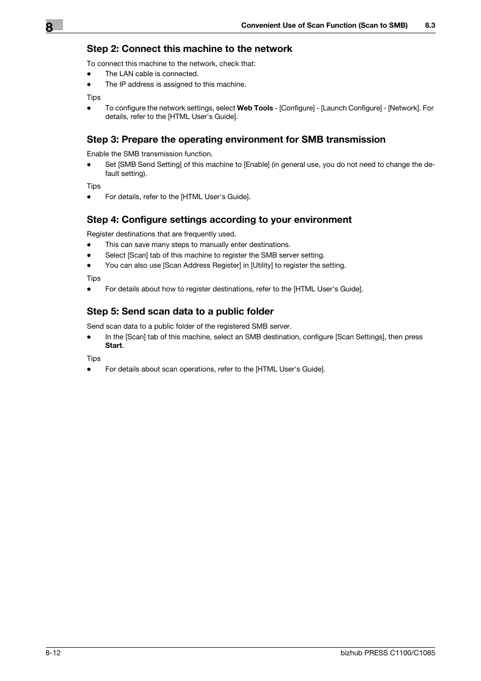 Step 2: connect this machine to the network, Step 5: send scan data to a public folder | Konica Minolta bizhub PRESS C1085 User Manual | Page 106 / 128