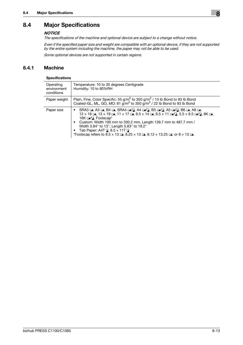 4 major specifications, 1 machine, Major specifications -13 | Machine -13 | Konica Minolta bizhub PRESS C1085 User Manual | Page 107 / 128