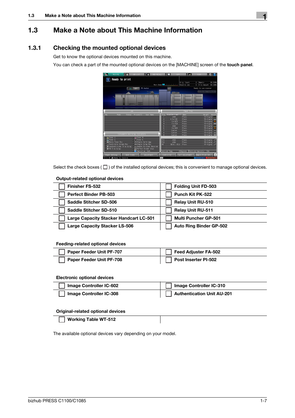 3 make a note about this machine information, 1 checking the mounted optional devices, Make a note about this machine information -7 | Checking the mounted optional devices -7 | Konica Minolta bizhub PRESS C1085 User Manual | Page 11 / 128