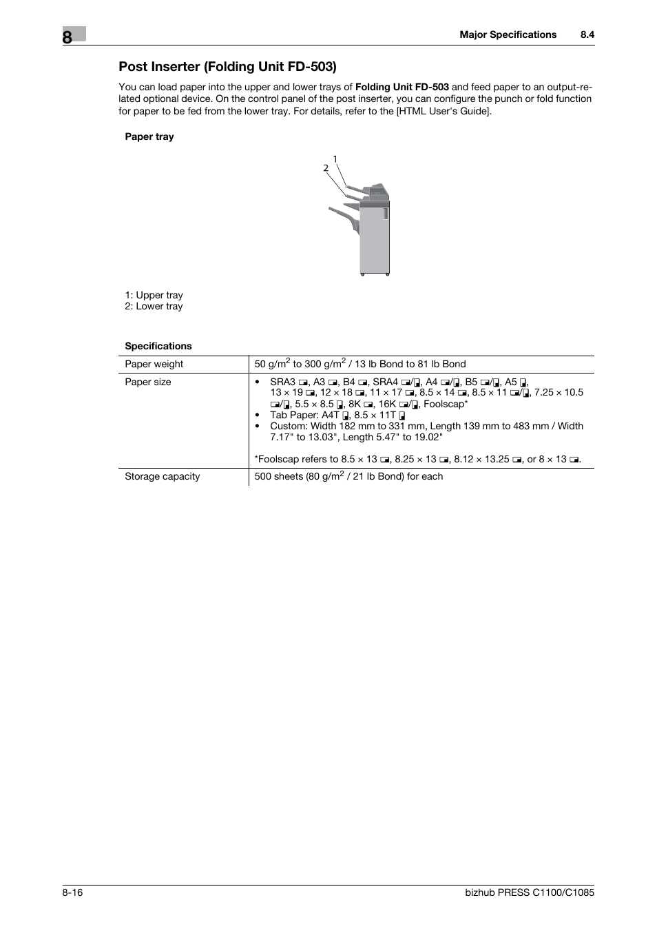 Post inserter (folding unit fd-503) | Konica Minolta bizhub PRESS C1085 User Manual | Page 110 / 128