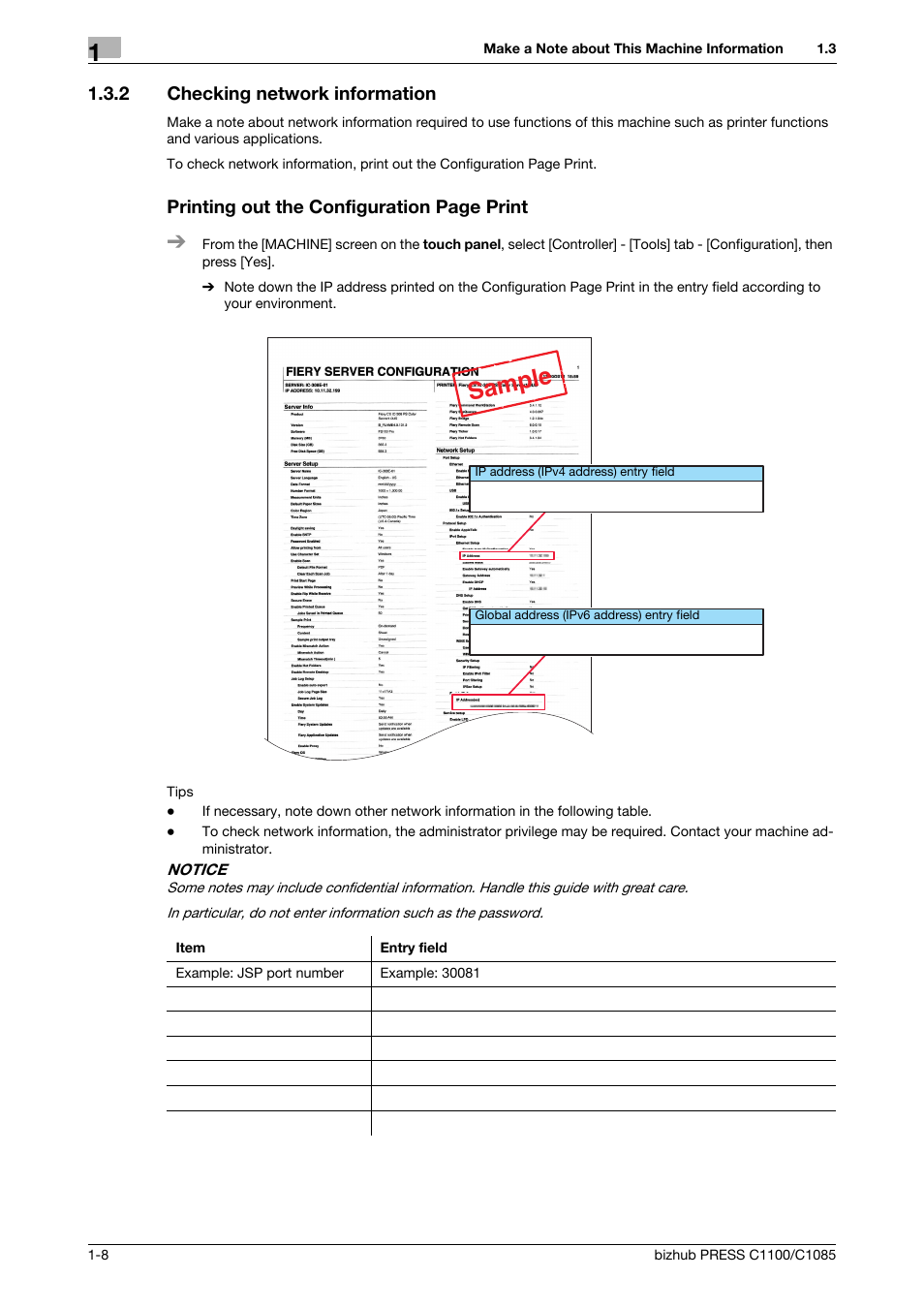 2 checking network information, Checking network information -8, Sample | Printing out the configuration page print | Konica Minolta bizhub PRESS C1085 User Manual | Page 12 / 128