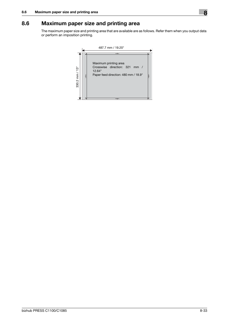 6 maximum paper size and printing area, Maximum paper size and printing area -33 | Konica Minolta bizhub PRESS C1085 User Manual | Page 127 / 128