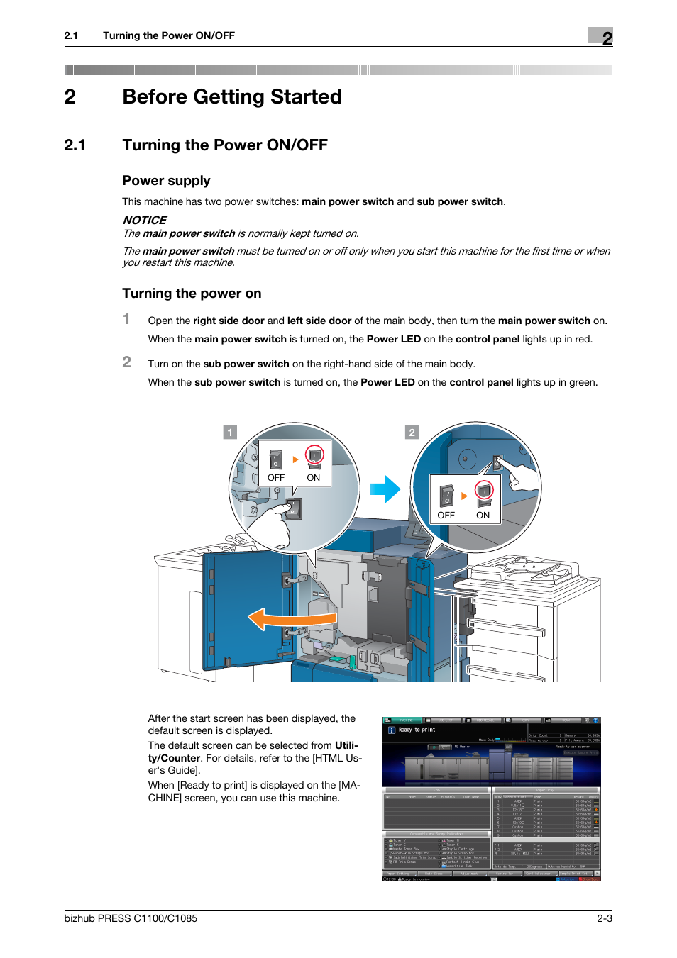 2 before getting started, 1 turning the power on/off, Power supply | Turning the power on, Before getting started, Turning the power on/off -3, 2before getting started | Konica Minolta bizhub PRESS C1085 User Manual | Page 15 / 128