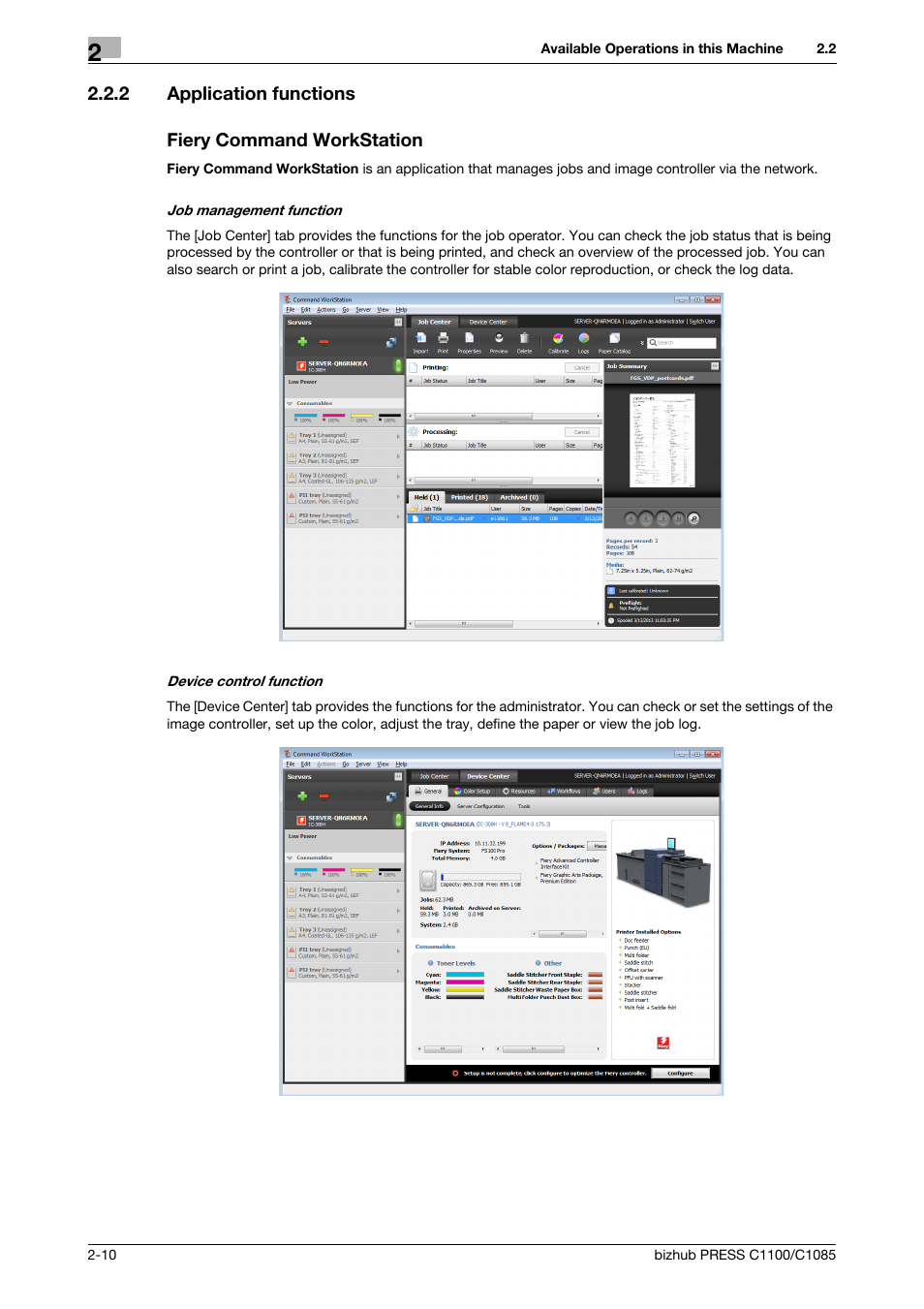 2 application functions, Fiery command workstation, Application functions -10 | Konica Minolta bizhub PRESS C1085 User Manual | Page 22 / 128