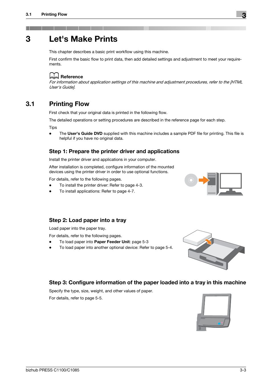 3 let's make prints, 1 printing flow, Step 2: load paper into a tray | Let's make prints, Printing flow -3, 3let's make prints | Konica Minolta bizhub PRESS C1085 User Manual | Page 27 / 128